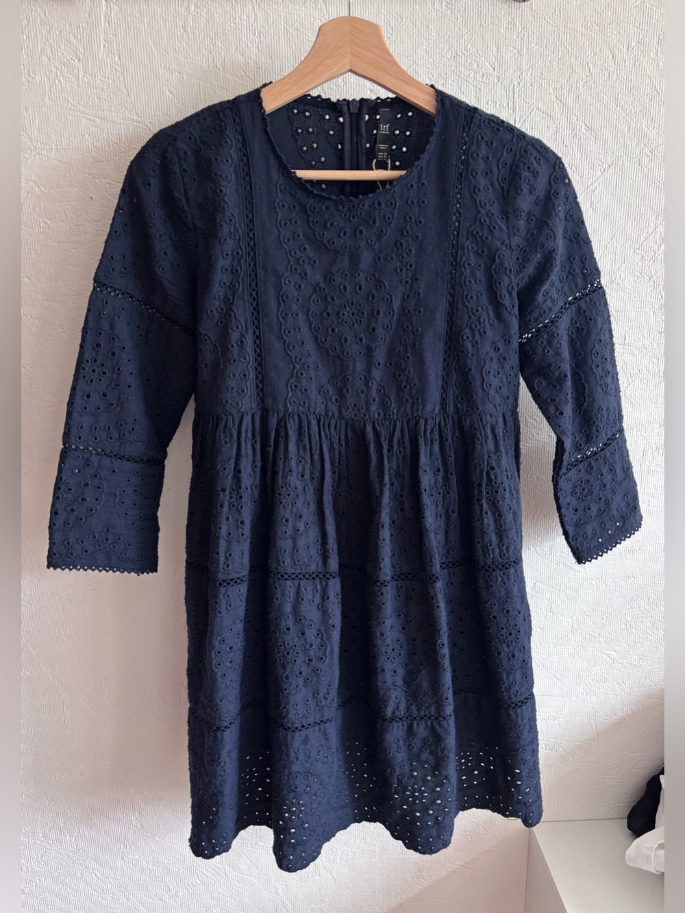 Zara Navy Blue Eyelet Tiered Babydoll Mini Dress - Picture 6 of 11